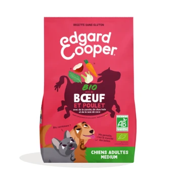 Sac d'aliments pour chiens rose Edgard Cooper portant la mention BIO BŒUF ET POULET ; silhouette de vache, légumes, deux chiens dessinés ; CHIENS ADULTES MOYEN