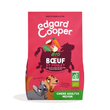 Sac d'aliments pour chiens rose Edgard Cooper portant la mention BIO BŒUF ET POULET ; silhouette de vache, légumes, deux chiens dessinés ; CHIENS ADULTES MOYEN