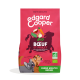 Sac d'aliments pour chiens rose Edgard Cooper portant la mention BIO BŒUF ET POULET ; silhouette de vache, légumes, deux chiens dessinés ; CHIENS ADULTES MOYEN
