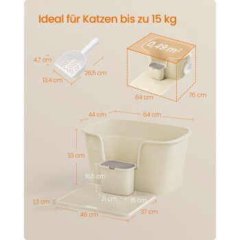Maße und Merkmale der Katzenstreu-Box, geeignet für Katzen bis zu 15 kg, mit einer Schaufel und einem abnehmbaren Abfallbehälter.