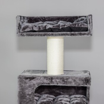 Grau Katzenbaum mit einem plüschigen oberen Platz und einem mit Sisal umwickelten Kratzbaum, ausgestattet mit weichem Bettzeug und einem gemütlichen Versteck.