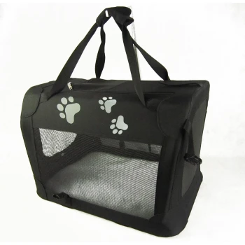 Transporttasche Nylon schwarz mit Pfoten Schwarze Haustiertrage mit Netzseiten, mit hellgrauen Pfotenabdrücken auf der Vorderseite und stabilen Griffen für einfachen Transport.
