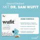 Verpackung von Dr. Sam Wufit für Hunde, die Vorteile wie natürliche Zutaten, monatliche Dosierungseinsparungen und deutsche Produktion hervorhebt.
