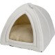 Soft beige and white triangular pet bed with cushioned interior, designed for small pets.