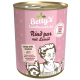 Dose mit Betty's Landhausküche Hundefutter, beschriftet mit "Rind pur mit Leinöl," mit einem pinken Design und einer Hundillustration.