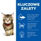 Uroczy tabby kociak z zielonymi oczami i czerwoną obrożą stoi obok niebieskiego panelu podkreślającego kluczowe korzyści jego diety.
