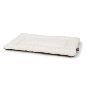 Un lit pour animaux en peluche, rectangulaire, avec un dessus blanc doux et un dessous marron foncé, présentant un design matelassé.