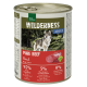 Eine Dose Real Nature Wilderness Hundefutter mit einem Wolfdesign, beschriftet mit "Reines Rind" (95% Rind, 5% Früchte/Kräuter, 0% Getreide).