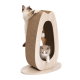 Deux chatons joueurs interagissent avec un poteau à gratter moderne, avec une base en bois et une surface à gratter texturée.