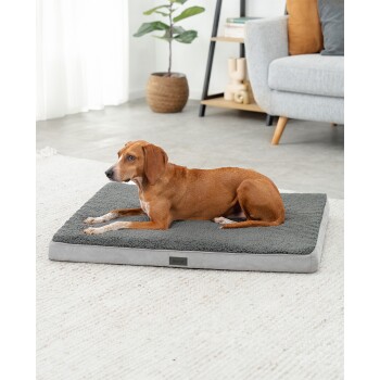 Ein brauner Hund liegt auf einem grauen Haustierbett mit einer weichen, flauschigen Oberfläche in einem hellen Raum mit einer Pflanze und einem grauen Sofa im Hintergrund.