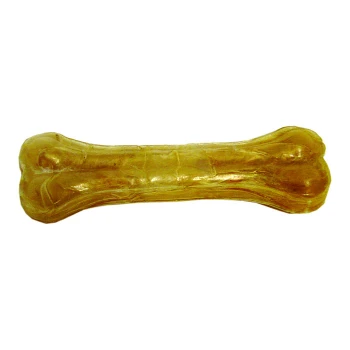 Ein glänzendes, gelbes Hundeknochen-Kauspielzeug, geformt wie ein klassischer Knochen, auf einem weißen Hintergrund präsentiert.