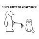 Eine einfache Strichzeichnung einer lächelnden Person, die einen Spielzeugstab hält, mit einer glücklichen Katze, die neben ihnen sitzt. Der Text lautet '100% HAPPY ODER GELD ZURÜCK!'