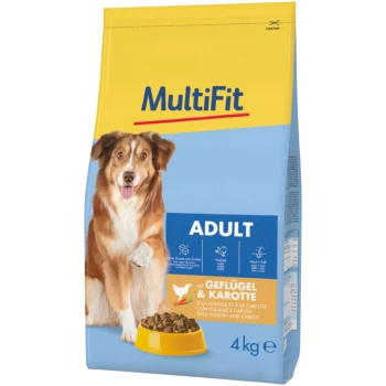 A 4 kg bag of MultiFit dog food for adults, featuring a yellow and blue design, with a bowl of kibble and text stating "mit Geflügel & Karotte."