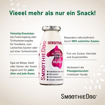 Flasche SmoothieDog Sensitivo mit der Aufschrift „Hypo-Allergen Snack für jeden Hund“ und der Überschrift „Vieeel mehr als nur ein Snack!“