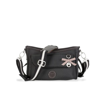 Schwarze Haustiertragetasche mit einem gestreiften Schultergurt, Fronttasche und einer dekorativen Schleife mit einem Glockenanhänger.