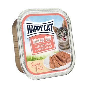 Happy Cat Minkas Duo Katzenfutterverpackung mit einer verspielten Katze, mit Text, der angibt, dass es Geflügel und Lachs enthält, und einem Teller mit Pastete.