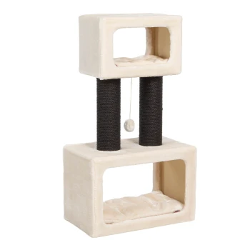 Kratzbaum Columbia beige Katzenbaum mit zwei Ebenen, mit plüschigen Oberflächen, zwei Kratzpfosten und einem baumelnden Spielzeug.