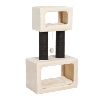 Katzenbaum mit zwei Ebenen, mit plüschigen Oberflächen, zwei Kratzpfosten und einem baumelnden Spielzeug.