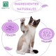 Eine verspielte Katze mit einem weißen und braunen Fell hebt ihre Pfote, umgeben von Texten, die "Natürliche Zutaten", "Ohne Toxine" und "Vegan Freundlich" besagen.