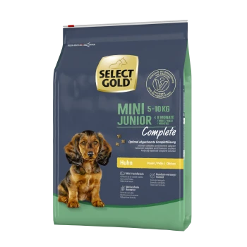 Select Gold Mini Junior Hundefutterbeutel, 5-10 kg, geeignet für Welpen bis zu 8 Monaten, mit Huhn als Hauptzutat.