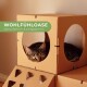Eine getigerte Katze schaut aus einem Papp-Haustierhaus mit runden Öffnungen heraus, begleitet von dem Text "WOHLFÜHLOASE schlummern & entspannen."