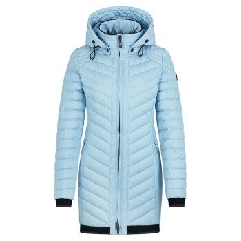 Hellblaue Daunenjacke mit Kapuze, mit einem Reißverschluss vorne, gerippten Bündchen und Seitentaschen.