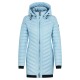 Hellblaue Daunenjacke mit Kapuze, mit einem Reißverschluss vorne, gerippten Bündchen und Seitentaschen.