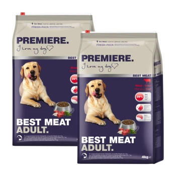 Zwei Tüten Premiere-Hundefutter, beschriftet mit "Best Meat Adult", mit einem Rindfleischanteil von 39%, mit einer handgeschriebenen Notiz, die sagt: "Ich liebe meinen Hund."