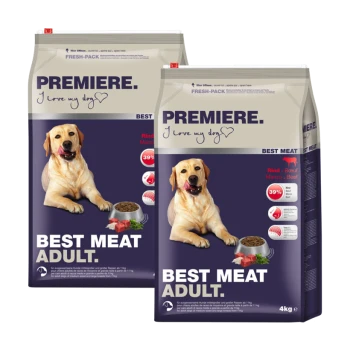 Zwei Tüten Premiere-Hundefutter, beschriftet mit "Best Meat Adult", mit einem Rindfleischanteil von 39%, mit einer handgeschriebenen Notiz, die sagt: "Ich liebe meinen Hund."