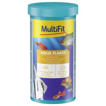 MultiFit Aqua Flakes visvoercontainer met afbeeldingen van siervissen en tekst over vitaminen en vlokken.
