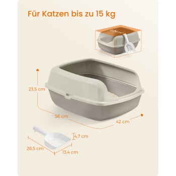 Katzenstreu-Kiste und Schaufel mit Maßen, geeignet für Katzen bis 15 kg, Text auf Deutsch.