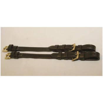 Zwei braune Lederhalsbänder für Haustiere mit goldenen Schnallen, flach auf einem hellen Hintergrund ausgelegt.