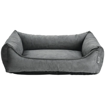 Lit pour animal rectangulaire gris style suédé avec côtés surélevés rembourrés et étiquette «AniOne»