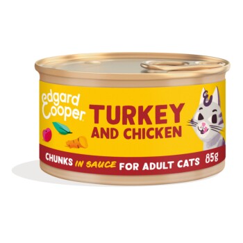 Can of Edgard Cooper cat food - Turkey and Chicken, chunks in sauce for adult cats, 85g, with cat illustration