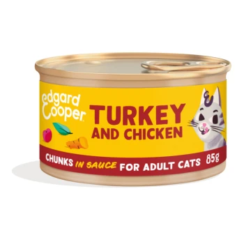 Can of Edgard Cooper cat food - Turkey and Chicken, chunks in sauce for adult cats, 85g, with cat illustration