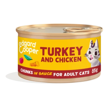 Can of Edgard Cooper cat food - Turkey and Chicken, chunks in sauce for adult cats, 85g, with cat illustration
