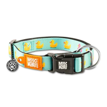 Blaues Hundehalsband mit gelbem Gummientenmuster, schwarzer Schnalle und Anhängern mit der Aufschrift „Max & Molly Urban Pets“ und „Ich bin verloren! Bitte bring mich zurück!“