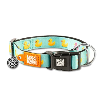 Blaues Hundehalsband mit gelbem Gummientenmuster, schwarzer Schnalle und Anhängern mit der Aufschrift „Max & Molly Urban Pets“ und „Ich bin verloren! Bitte bring mich zurück!“