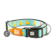 Blaues Hundehalsband mit gelbem Gummientenmuster, schwarzer Schnalle und Anhängern mit der Aufschrift „Max & Molly Urban Pets“ und „Ich bin verloren! Bitte bring mich zurück!“