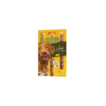 Verpackung von JOSI DOG Fleischsticks mit einem glücklichen Hund, der 95% Fleisch, getreidefrei und eine Formel für Erwachsene hervorhebt.