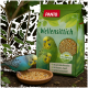 Ein blauer Wellensittich pickt an einer mit Samen gefüllten Schale neben einer Panto Wellensittichfuttertüte, die grüne Blätter und zwei Wellensittiche zeigt.