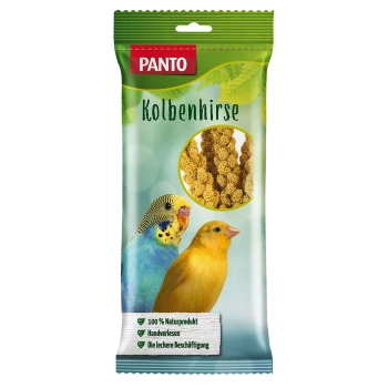 PANTO Kolbenhirse Vogelfutterpackung mit einem blauen Wellensittich und einem gelben Kanarienvogel, beschriftet mit "100% Naturprodukt" und "Handverlesen."