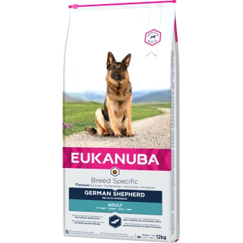 Trockenfutter für Hunde, rassespezifisch Deutscher Schäferhund Erwachsener 12 kg EUKANUBA rassespezifisches Trockenfutter für Deutsche Schäferhunde, 12 kg Sack, mit einem sitzenden Hundebild und den Etiketten "Erwachsen" und "Unterstützt ein langes, gesundes Leben."