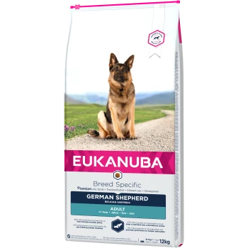 EUKANUBA rassespezifisches Trockenfutter für Deutsche Schäferhunde, 12 kg Sack, mit einem sitzenden Hundebild und den Etiketten "Erwachsen" und "Unterstützt ein langes, gesundes Leben."