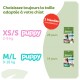 Guide de dosage des friandises dentaires Whimzees pour chiots selon la taille : XS/S 2-9 kg pendant 28 jours, M/L 9-18 kg pendant 14 jours, 1 friandise par jour.
