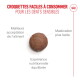 Croquette ronde brune centrée avec le texte français : « Croquettes faciles à consommer pour les dents sensibles » et trois étiquettes.