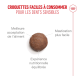 Croquette ronde brune centrée avec le texte français : « Croquettes faciles à consommer pour les dents sensibles » et trois étiquettes.