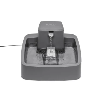 Graue Haustier-Wasserfontäne mit einem fließenden Auslauf und einem quadratischen Becken, entworfen für Haustiere, um frisches Wasser zu trinken.