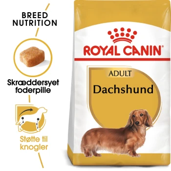 Royal Canin Adult Dachshund Hundefuttertüte, mit einer Illustration eines braunen Dackels, mit Text, der die Rassenernährung und Gelenkunterstützung hervorhebt.