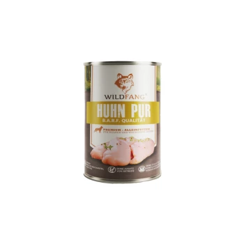 Eine Dose Wildfang Huhn Pur Hundefutter mit einem Wolf-Logo, gekennzeichnet mit 'B.A.R.F. Qualität' und 'Premium Alleinfutter für Welpen und wachsende Hunde.'